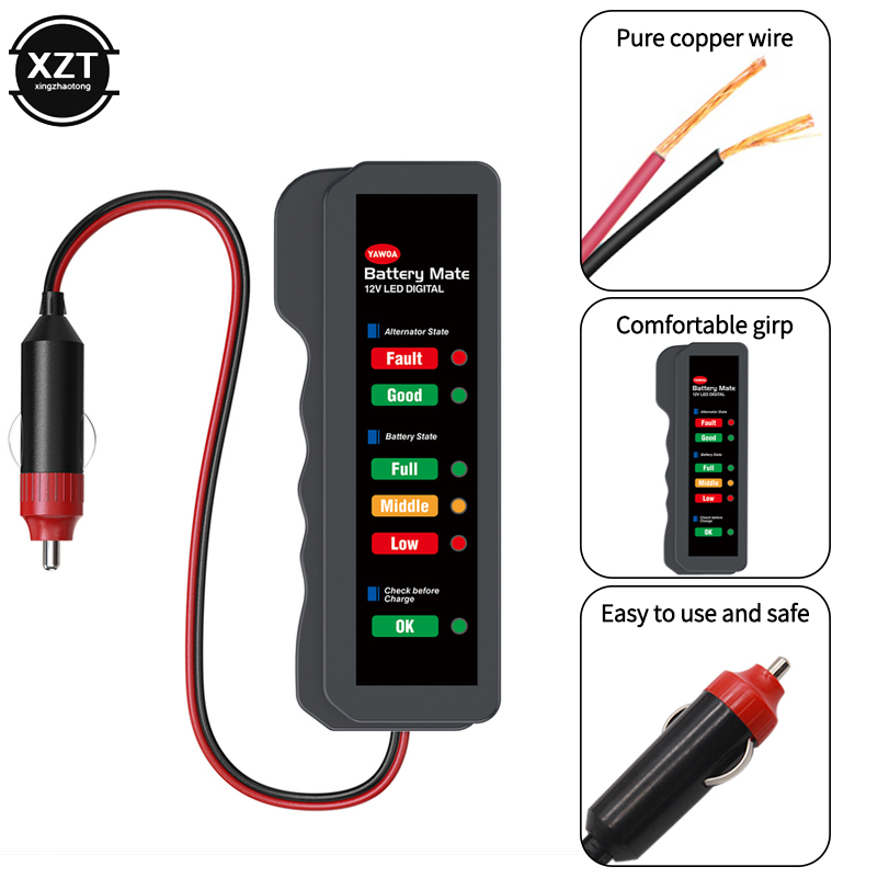Power Tools Display - Autobatterie-Tester mit 6 LED-Anzeigen, Zigarettenanzünder-12V-Stromanalysator, Digitaler